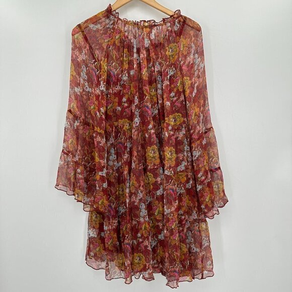 Johnny Was Clay Orange Silk Daisy Flare Sleeve Tassel Oversized Medium Dress - Picture 5 of 11
